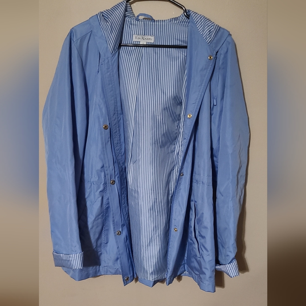 Kim Rogers Blue and White Striped Rain Jacket Size L